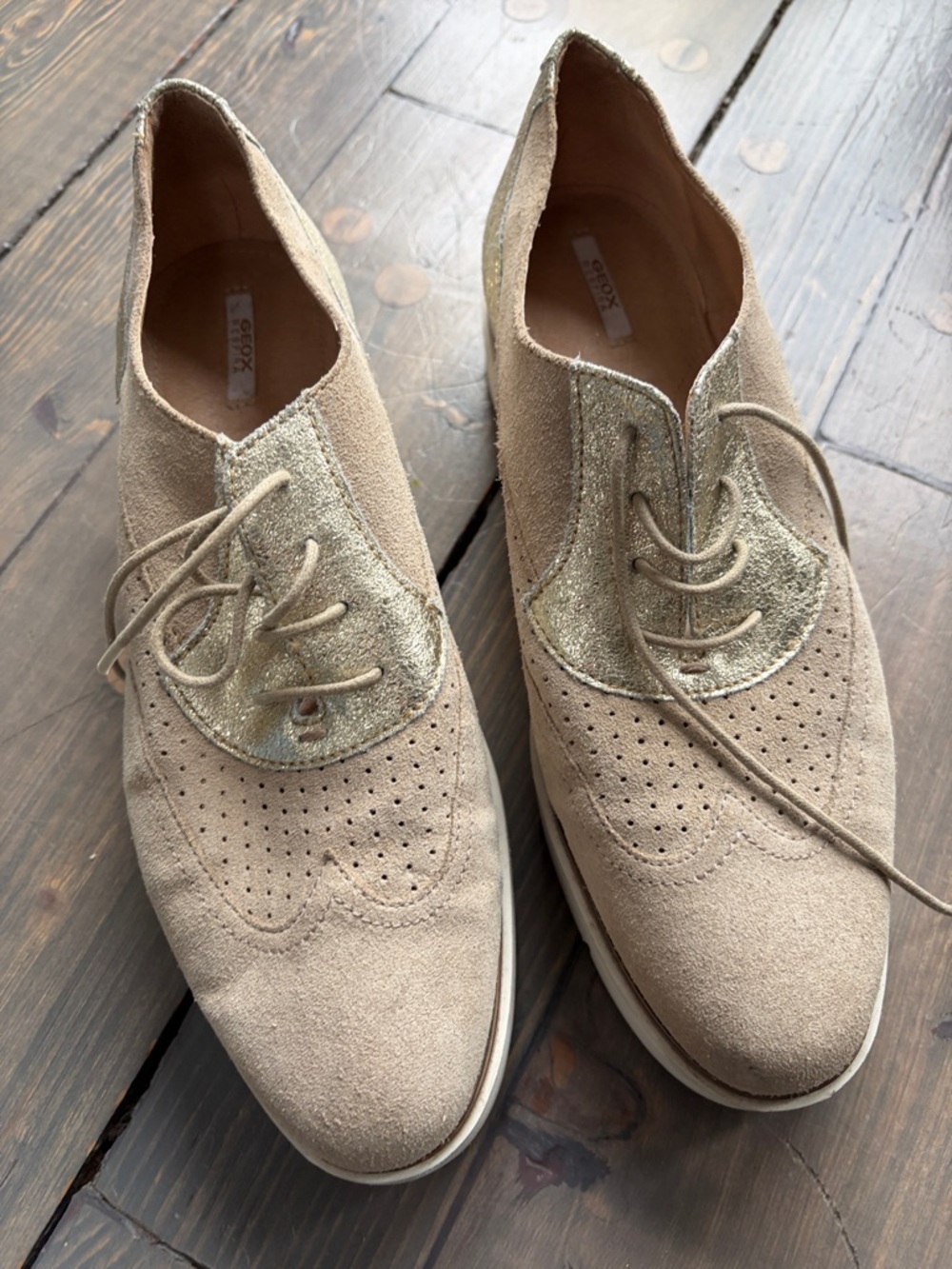 Suede Wingtip Oxford in Beige with Metallic Accent -Women Geox Respira